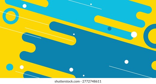 A vibrant abstract background featuring dynamic, rounded rectangular shapes in blue and yellow, interspersed with small white circles and thin white lines, creating a sense of movement and energy.