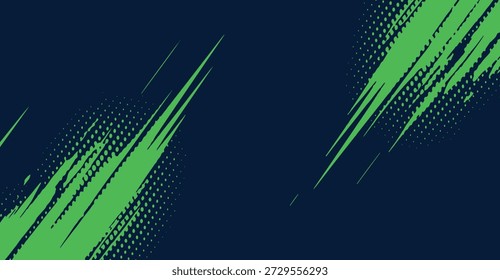 Fondo abstracto vibrante con pinceladas verdes energéticas y sutiles patrones de puntos de semitonos en un lienzo azul marino profundo, ideal para proyectos deportivos, de juegos o de Diseño gráfico contemporáneo