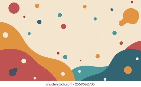 A vibrant abstract background featuring flowing shapes in warm and cool colors, complemented by scattered dots of various sizes. 