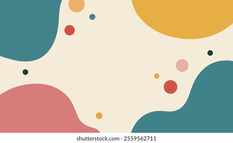 A vibrant abstract background featuring flowing shapes in warm and cool colors, complemented by scattered dots of various sizes.