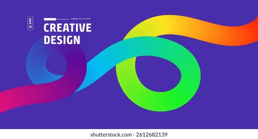 Vibrant abstract background featuring flowing, rainbowcolored gradient shapes. Modern design with fluid, dynamic lines on a purple backdrop. Creative vector graphic.