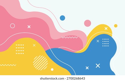 Vibrant abstract background featuring fluid shapes and geometric elements in pink, yellow, and blue, creating a modern and playful design.