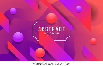 A vibrant abstract background featuring geometric shapes and spheres in shades of purple and red.