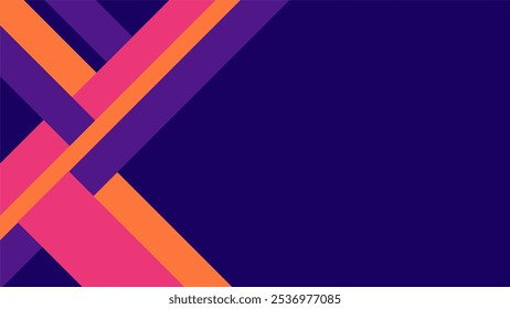 Um plano de fundo abstrato vibrante com linhas diagonais que se cruzam em negrito de cores rosa, laranja e roxo contra um fundo azul-marinho profundo. 