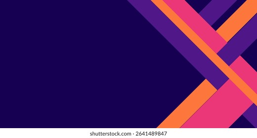 A vibrant abstract background featuring intersecting diagonal lines in bold colors of pink, orange, and purple against a deep navy blue background. 
