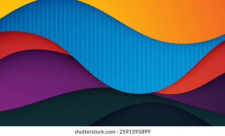 A vibrant abstract background featuring layered paper-cut style waves in multiple bold colors