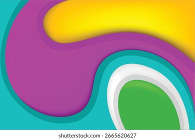 A vibrant abstract background featuring layered paper cut shapes in bright yellow, pink, teal, and green tones. The colorful overlapping layers create a modern and playful 3D effect