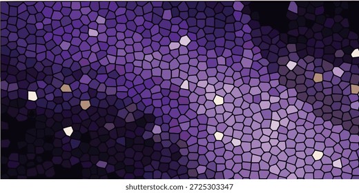A vibrant abstract background featuring a mosaic of various shades of purple, with scattered bright white and yellow light spots creating a dynamic and textured visual.