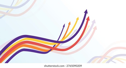 A vibrant abstract background featuring multiple colorful, wavy lines that curve upwards and culminate in arrows, symbolizing growth, progress, and dynamic movement against a light gradient.