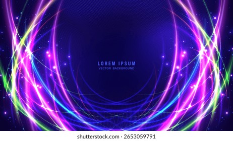 Fondo abstracto vibrante con curva de luz de neón, texturas de semitonos y efectos de brillo. Ilustración vectorial