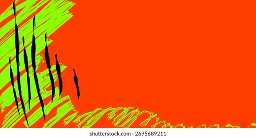 Vibrant abstract background featuring neon green elements and vertical black claw marks on an aggressive orange canvas, ideal for Halloween, parties, or urban design.