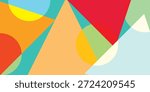 A vibrant abstract background featuring overlapping geometric shapes like triangles and circles in a variety of bright colors.