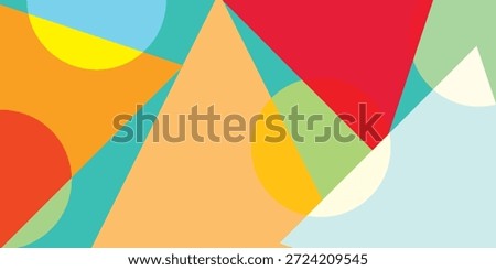 A vibrant abstract background featuring overlapping geometric shapes like triangles and circles in a variety of bright colors.