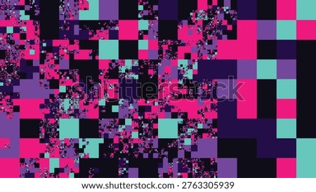 A vibrant abstract background featuring a pixelated geometric camouflage pattern with neon pink, cyan, and purple squares. Perfect for modern tech themes, gaming, and digital art projects.