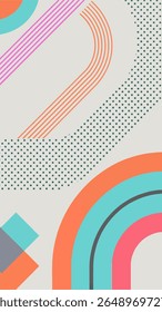 A vibrant abstract background featuring a playful composition of geometric shapes, colorful lines, and dotted patterns in a retro-inspired palette.