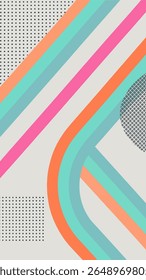 A vibrant abstract background featuring a playful mix of pastel diagonal stripes, curved bands, and scattered dot patterns. Modern graphic design.