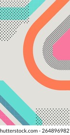 A vibrant abstract background featuring a playful mix of geometric shapes, polka dots, and diagonal lines in a retro color palette of coral, teal, pink, and grey.