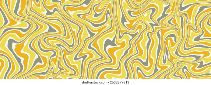 A vibrant, abstract background featuring a psychedelic pattern of flowing, irregular swirls in shades of yellow, orange, white, and gray.
