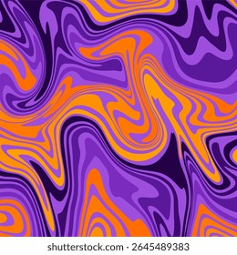 A vibrant and abstract background featuring a psychedelic, liquid marble pattern. The design consists of flowing, wavy swirls in bold shades of purple and orange.