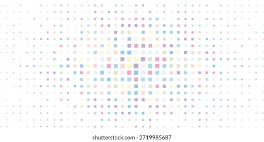 Ein lebendiger, abstrakter Hintergrund mit einem radialen Farbverlauf bunter Pastellquadrate. Das geometrische Muster übergeht von dichten Quadraten in der Mitte zu kleineren, verstreuten Punkten an den Rändern und schafft so ein modernes und verspieltes Bild.