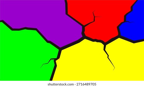Un fondo abstracto vibrante con una superficie rota o agrietada con distintos segmentos de rojo, azul, púrpura, verde y amarillo, separados por gruesas líneas negras.