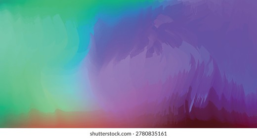 A vibrant abstract background featuring a smooth color gradient from green to purple and red, characterized by artistic brush stroke textures and fluid blending.