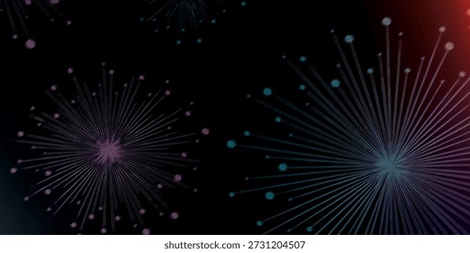 A vibrant abstract background featuring two large, circular formations resembling fireworks or starbursts. Each formation consists of numerous thin, glowing lines radiating outwards from a central point, interspersed with small, luminous dots. The colors within these formations shift between blue, purple, and pink, creating a dynamic and energetic visual effect against the deep black background. The overall impression is one of digital artistry and cosmic wonder.