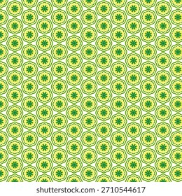 A vibrant abstract background filled with repeating hexagonal cells, each containing complex green and yellow fractal designs resembling microscopic organic life forms.
