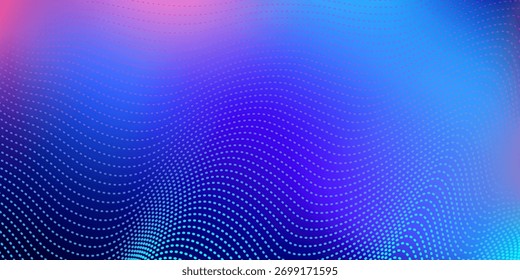 Vibrant abstract background with flowing dotted wave patterns in blue, purple, and pink gradient. Futuristic digital design perfect for tech, web, and modern graphic projects.