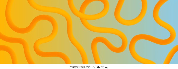 Vibrant abstract background with flowing orange tubular shapes creating a dynamic pattern on a gradient backdrop that shifts from bright yellow to soft blue, offering a contemporary design.