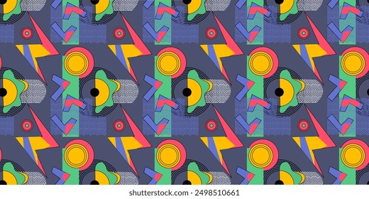 Un fondo vibrante y abstracto con Formas geométricas y colores llamativos, que recuerda a la década de 1990. La composición general emana energía y creatividad, con un toque nostálgico.