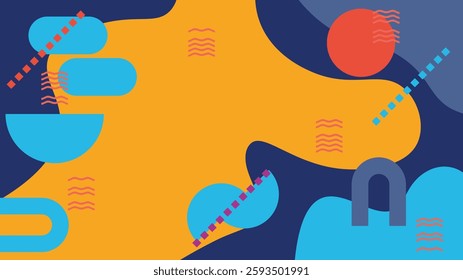 Vibrant abstract background with geometric shapes, wavy lines, and playful elements in blue, orange, and red. Perfect for modern designs, posters, banners, and creative projects