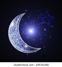 Vibrant abstract background with glittering lights, the moon and the star. Ramadan mubarak design. 