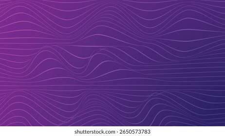 Um fundo abstrato vibrante com um gradiente de azul a roxo, apresentando numerosas linhas onduladas horizontais que criam um efeito visual ondulante, fluente e futurista.