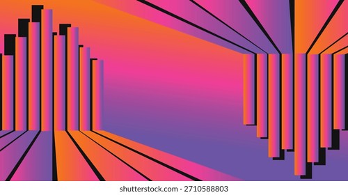 Fondo abstracto vibrante con un gradiente de naranja, rosa y púrpura, con columnas geométricas y líneas en retroceso que crean una perspectiva dinámica en 3D.