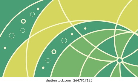 Vibrant abstract background with green and yellow geometric curves, circles, and dots, perfect for modern design and technology concepts.
