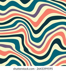 A vibrant and abstract background image featuring a psychedelic, wavy line pattern. The style is strongly reminiscent of 1970s design, with thick, flowing, and distorted stripes