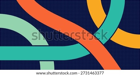 Vibrant Abstract Background with Intersecting Winding Paths and Modern Geometric Shapes  on a subtle grid background
