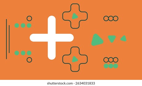 Vibrant abstract background with large plus signs, grouped dots, and triangle icons on bright orange. Great for creative branding and digital visuals.