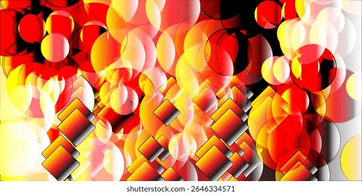 Vibrant abstract background with layered circles and diamond shapes in red, yellow, black, and white gradient tones.