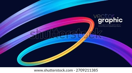 A vibrant abstract background of neon ribbons and gradient arcs in blue, pink, and purple.