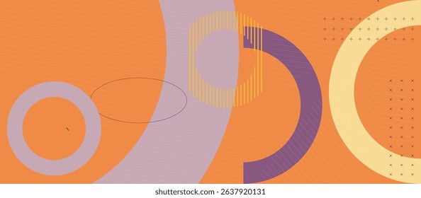 Vibrant Abstract Background with Overlapping Circles and Semi-Circles in Muted Violet, Light Beige, and Pale Orange, Featuring Parallel and Dashed Lines for Dynamic Movement and Fluid Aesthetic