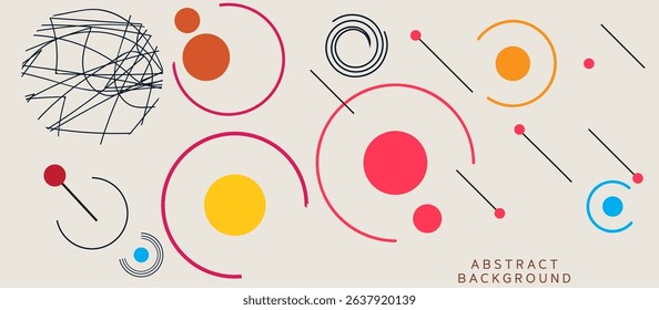 Vibrant Abstract Background with Overlapping Circles, Featuring Swirling and Straight Black Lines for Dynamic Energy and Layered Depth