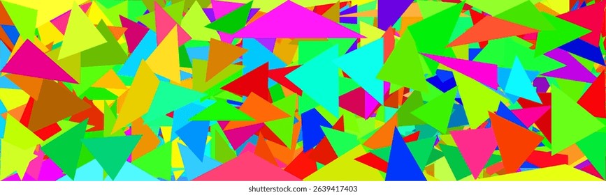 A vibrant, abstract background of overlapping, colorful triangles in various sizes.

