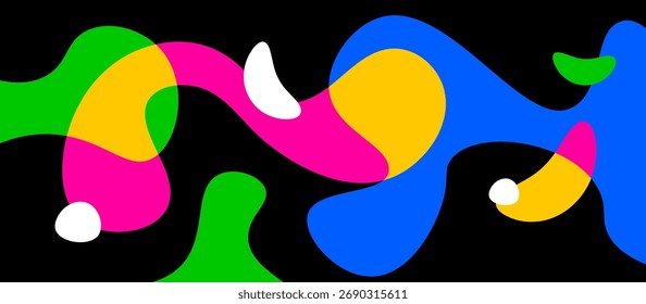 Vibrant Abstract Background with Overlapping Colorful Fluid Shapes on Black | Modern Art Blob Design for Banner, Wallpaper, Web, and Presentation.