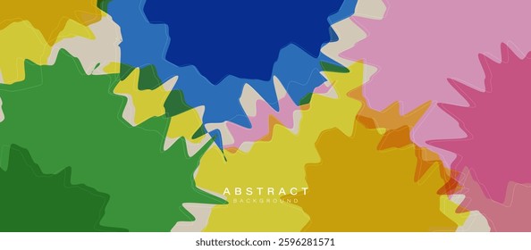 Vibrant abstract background with overlapping jagged organic shapes in green, blue, yellow, and pink, creating a dynamic design