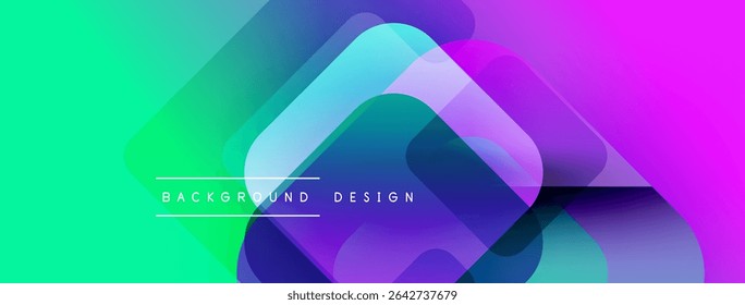 Vibrant abstract background. Overlapping squares create dynamic visual effect. Gradient colors blend smoothly, turquoise to purple. Modern design element.