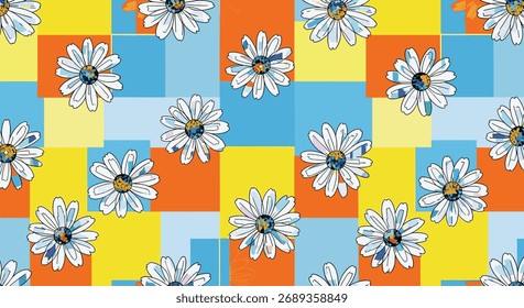 A vibrant abstract background pattern featuring white daisies scattered across colorful geometric squares.