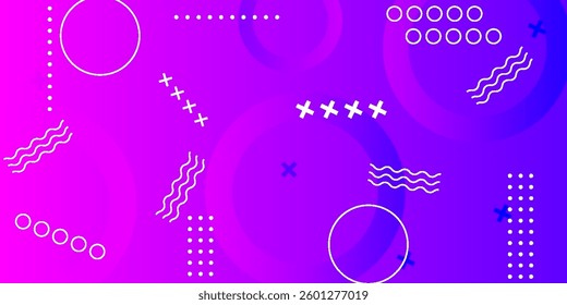  vibrant abstract background with a pink and purple gradient, featuring geometric shapes, circles, wavy lines, and dotted patterns, creating a modern and dynamic design.