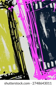 Vibrant abstract background with pink, yellow and navy paint brush strokes, splatters and halftone textures in a modern grunge style.